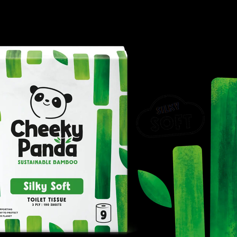 Cheeky Panda sustainable bamboo toilet tissue packaging with text 'Raise your bum's standards' and 'Silky Soft'.