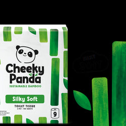 Cheeky Panda sustainable bamboo toilet tissue packaging with text 'Raise your bum's standards' and 'Silky Soft'.