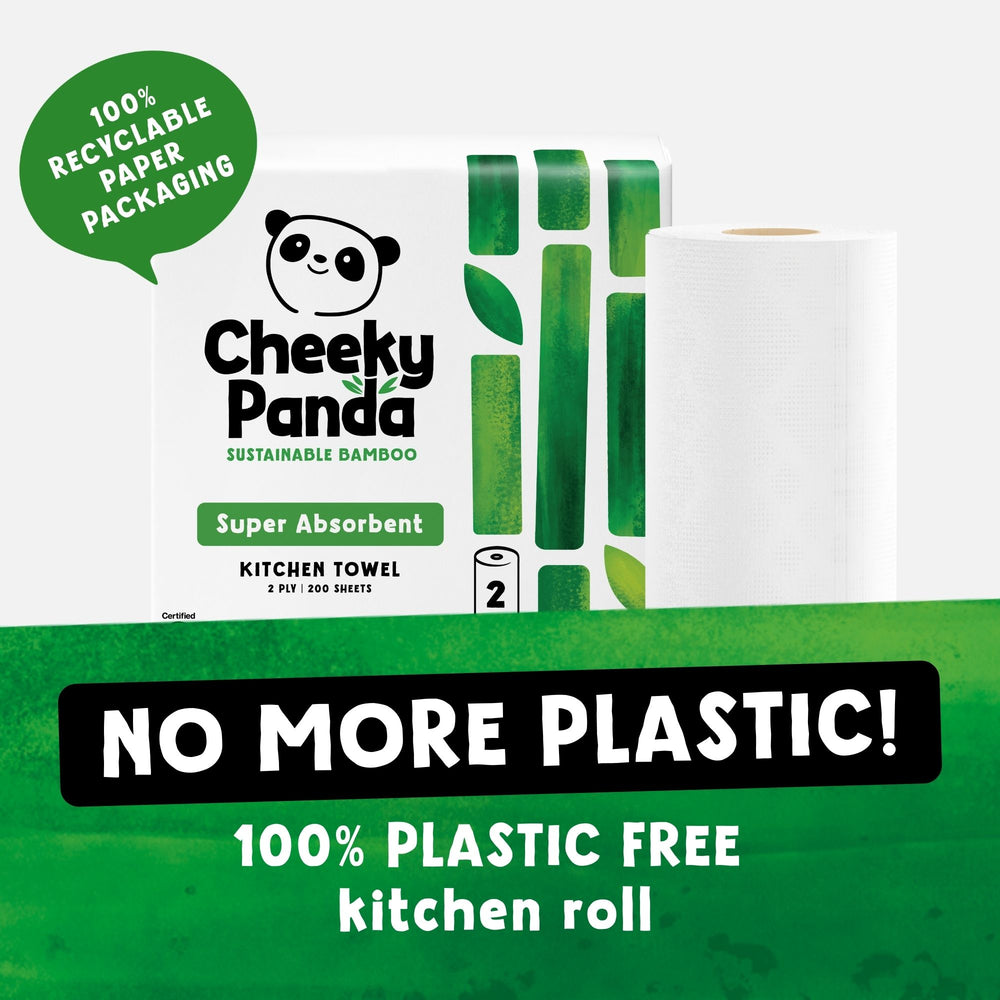 Cheeky Panda kitchen towel packaging with green and white design, emphasizing sustainability.