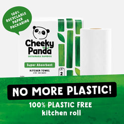 Cheeky Panda kitchen towel packaging with green and white design, emphasizing sustainability.