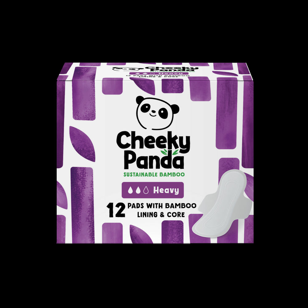 Box of Cheeky Panda sustainable bamboo heavy flow pads with purple and white design.