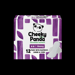 Box of Cheeky Panda sustainable bamboo heavy flow pads with purple and white design.