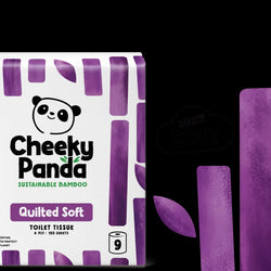 Cheeky Panda quilted toilet paper packaging with purple packaging and branding elements.