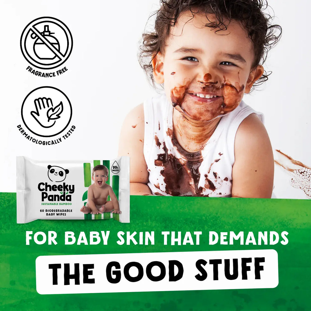 Child with chocolate on face, Cheeky Panda baby wipes packaging, and text 'For baby skin that demands the good stuff'.