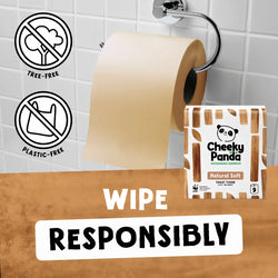 Roll of Cheeky Panda unbleached bamboo toilet paper on a holder with packaging and 'Wipe Responsibly' text.