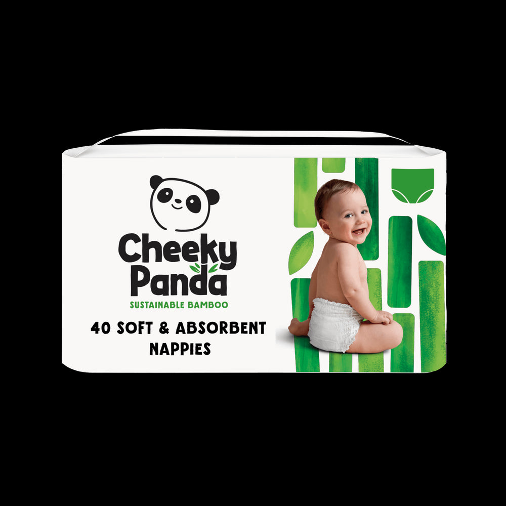 Cheeky Panda nappies packaging with a baby on a white background