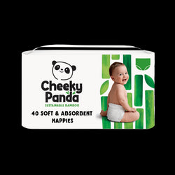 Cheeky Panda nappies packaging with a baby on a white background