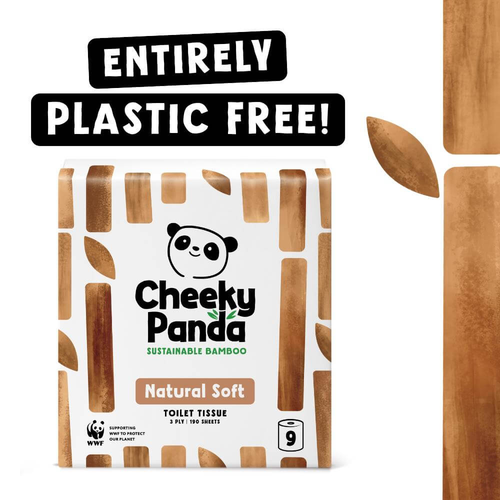 Cheeky Panda Natural Soft toilet tissue, entirely plastic-free and made from sustainable bamboo.