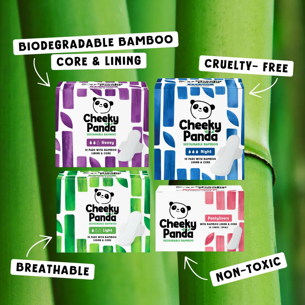 Cheeky Panda period pads, sanitary pads and panty liners with bamboo leaves in the background and key features like biodegradable, cruelty free, breathable and non-toxic