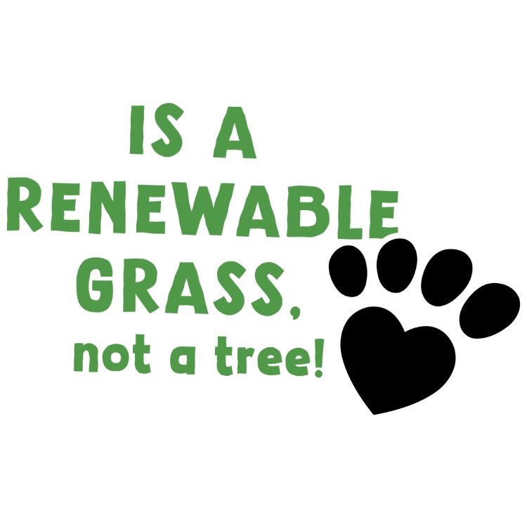 Text 'IS A RENEWABLE GRASS, not a tree!' with a black paw print on a white background Text 'IS A RENEWABLE GRASS, not a tree!' with a black paw print on a white background