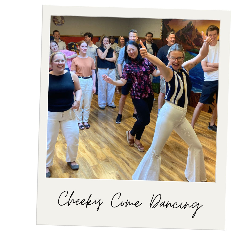 Group of people dancing in a room with 'Cheeky Come Dancing' text overlay Group of people dancing in a room with 'Cheeky Come Dancing' text overlay