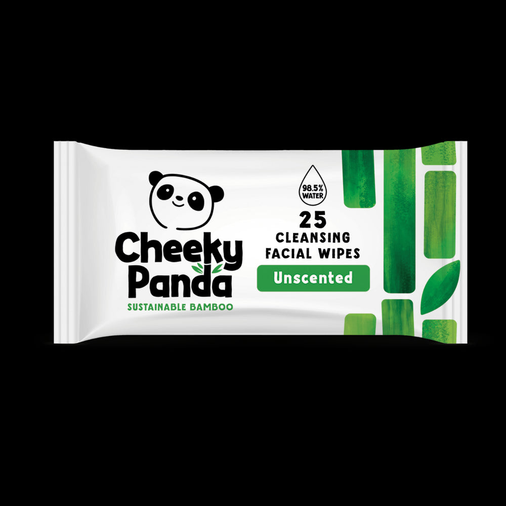 Cheeky Panda cleansing facial wipes packaging on a black background