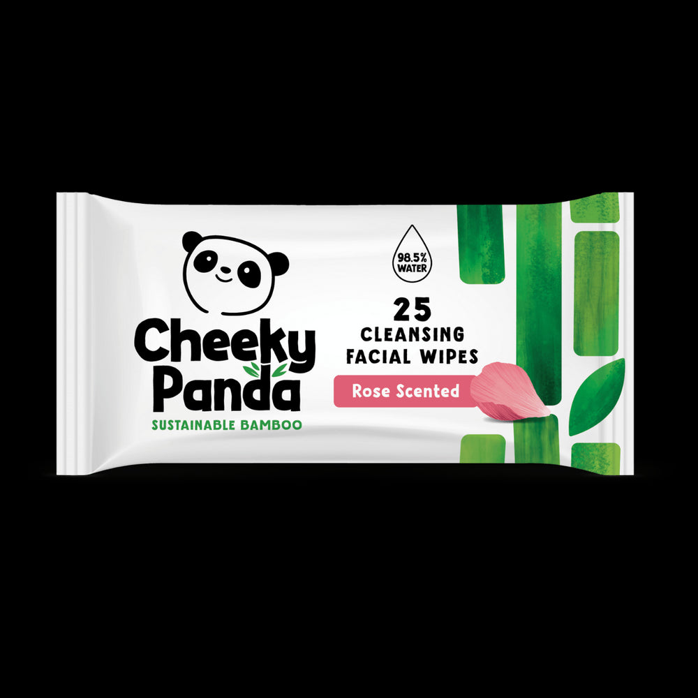 Cheeky Panda rose-scented cleansing facial wipes packaging on a black background