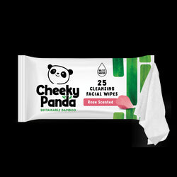 Pack of Cheeky Panda rose-scented cleansing facial wipes with a white wipe on a black background