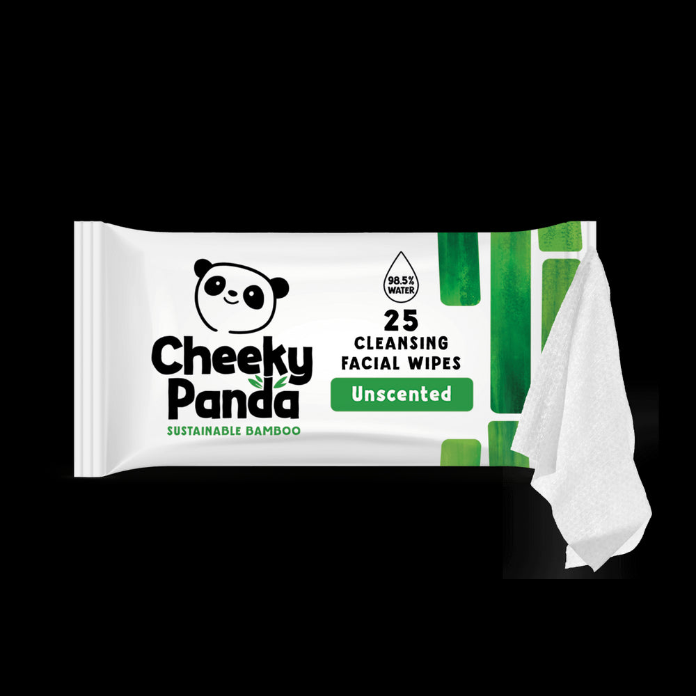 Pack of Cheeky Panda cleansing facial wipes with a white wipe on a black background