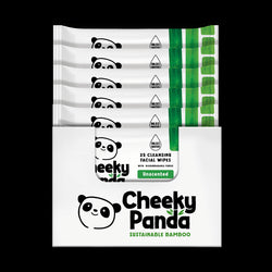 Pack of Cheeky Panda facial wipes with panda design on packaging.