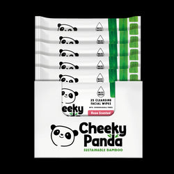 Pack of Cheeky Panda rose-scented facial wipes with panda design on a black background