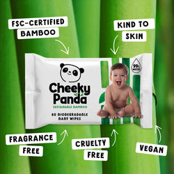 Cheeky Panda baby wipes packaging with green bamboo background and child illustration.