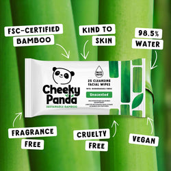 Cheeky Panda facial wipes packaging with sustainability features highlighted on a bamboo background