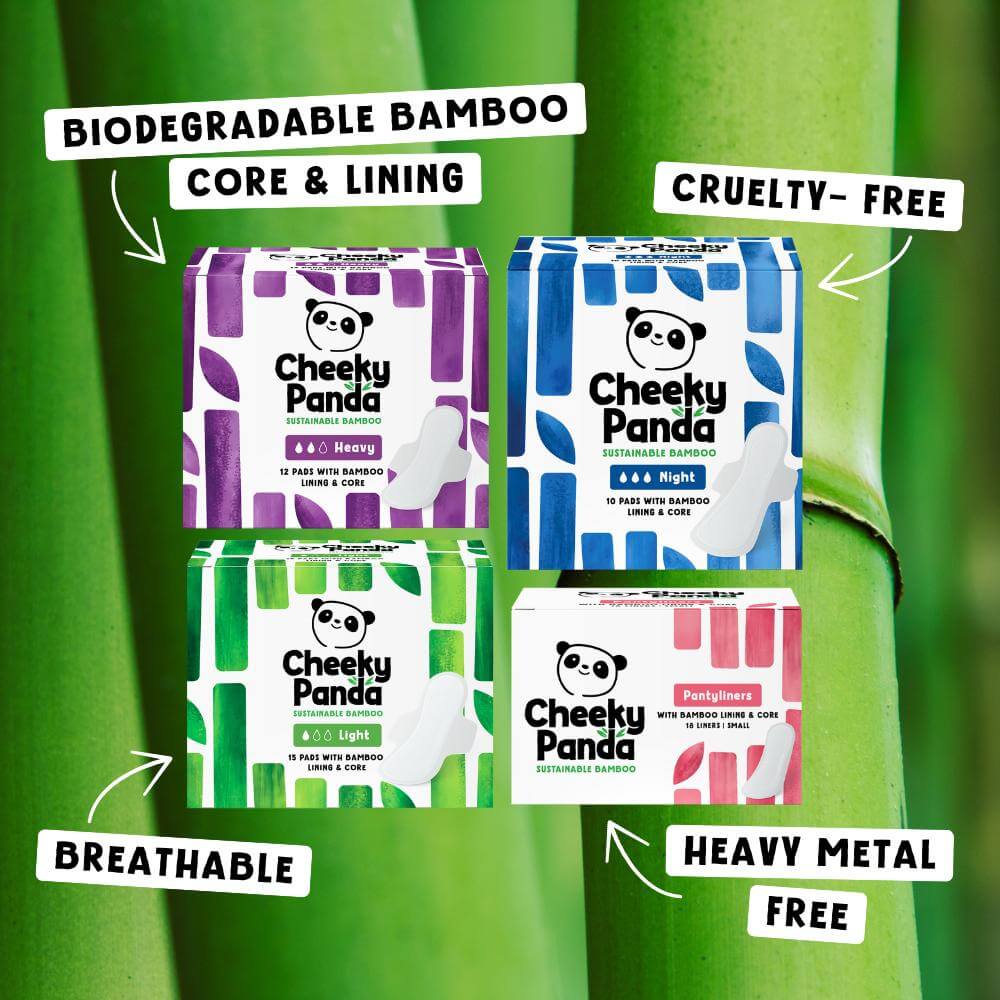 Cheeky Panda bamboo products with features highlighted on a green background