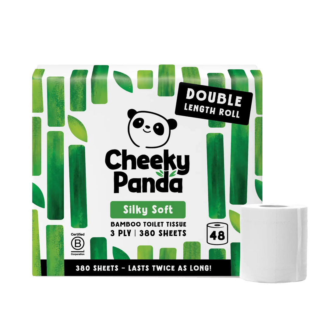 Cheeky Panda Bamboo Toilet Tissue packaging with a roll of white toilet paper shown beside it on a plain white background.