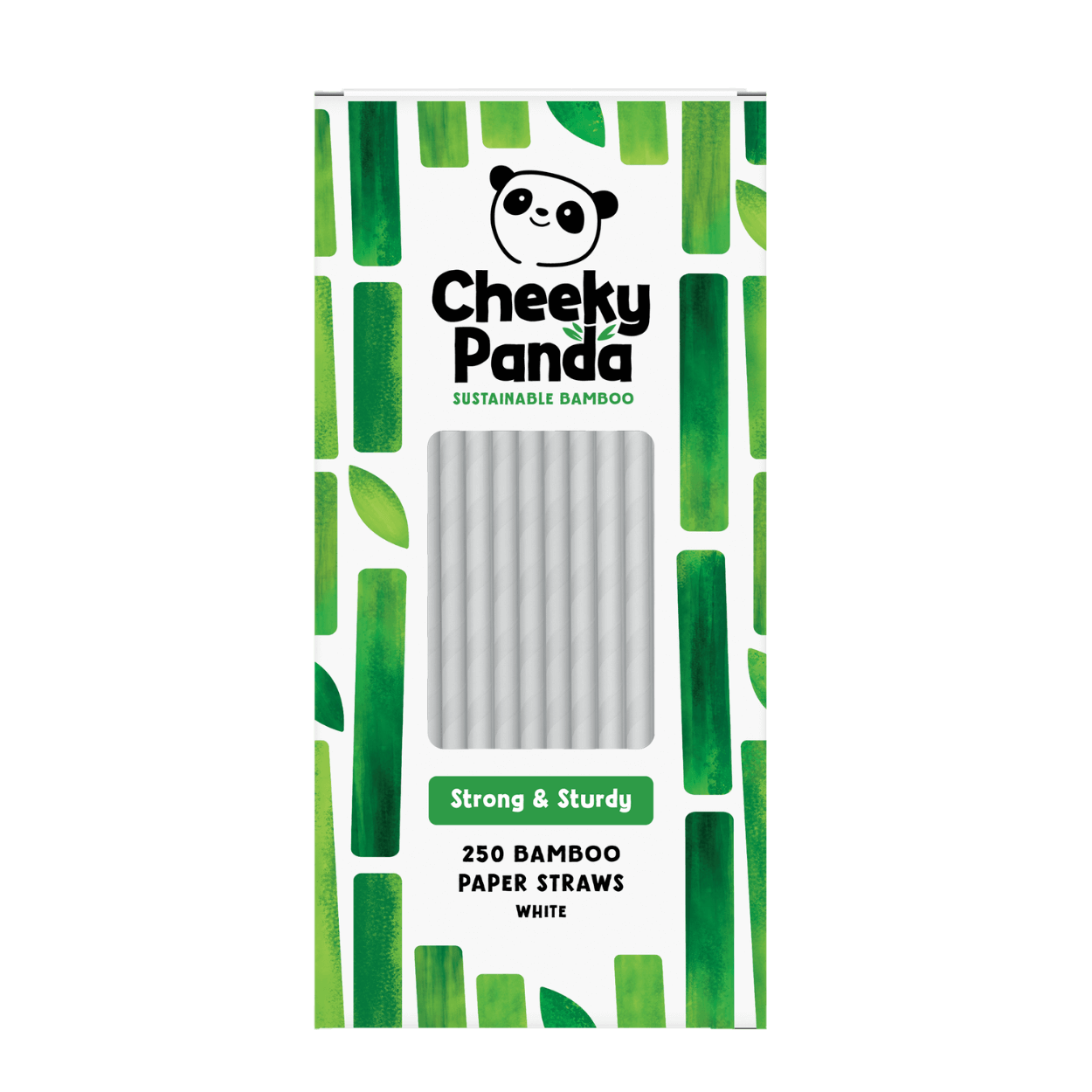 Pack of Cheeky Panda bamboo paper straws with green and white design