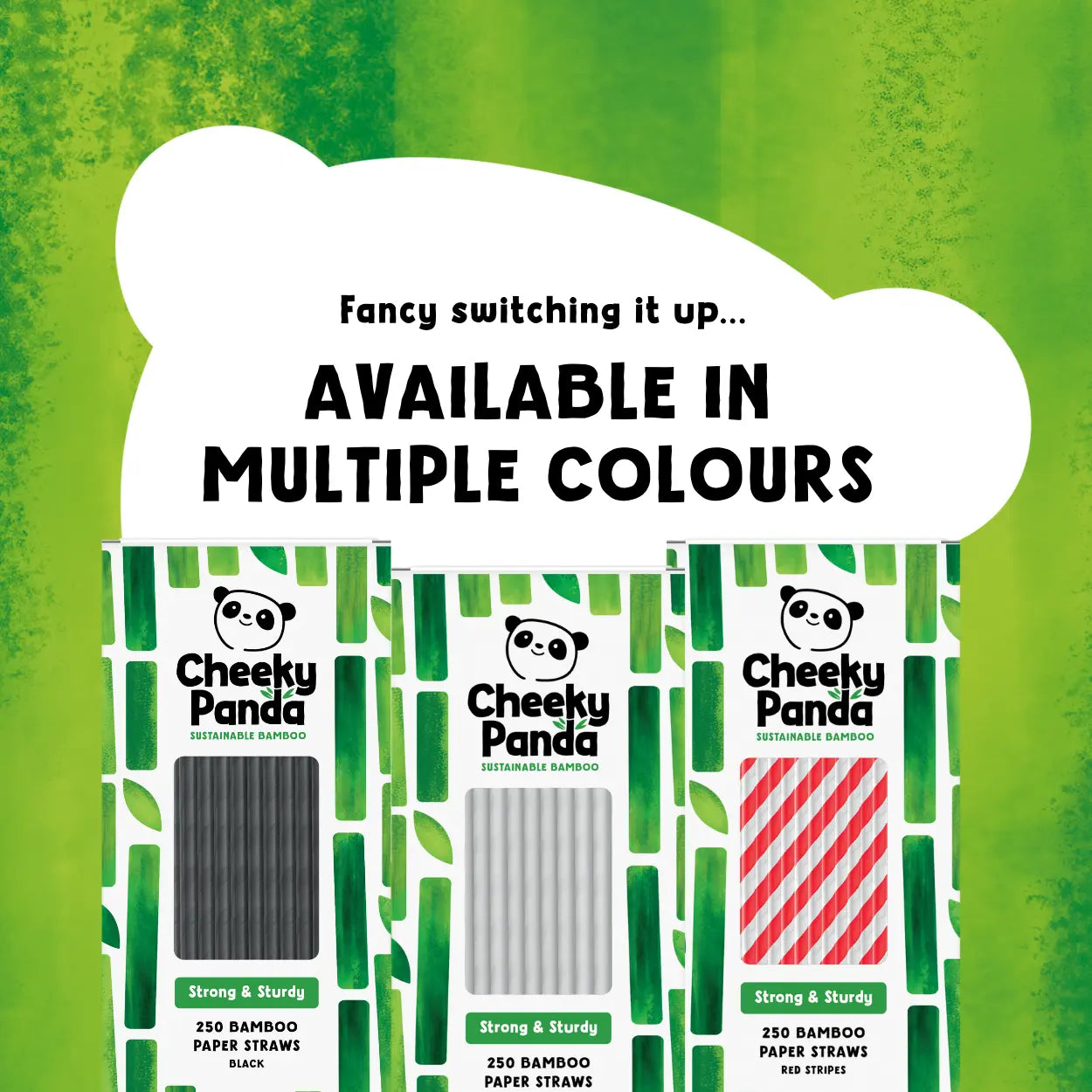 Cheeky Panda bamboo straw packaging with text on a green background