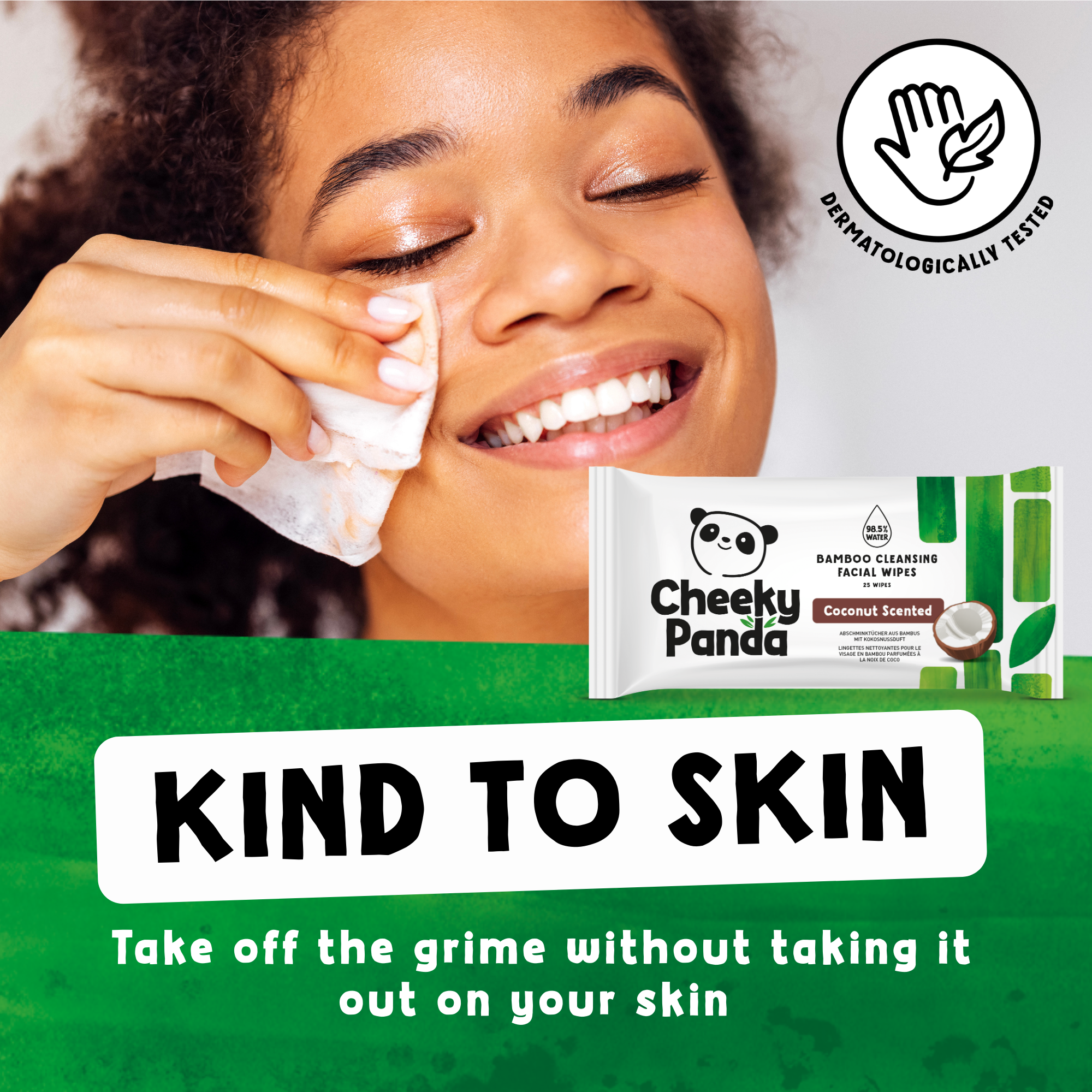 A smiling woman using a Cheeky Panda coconut facial wipe, with text 'Kind to Skin'.