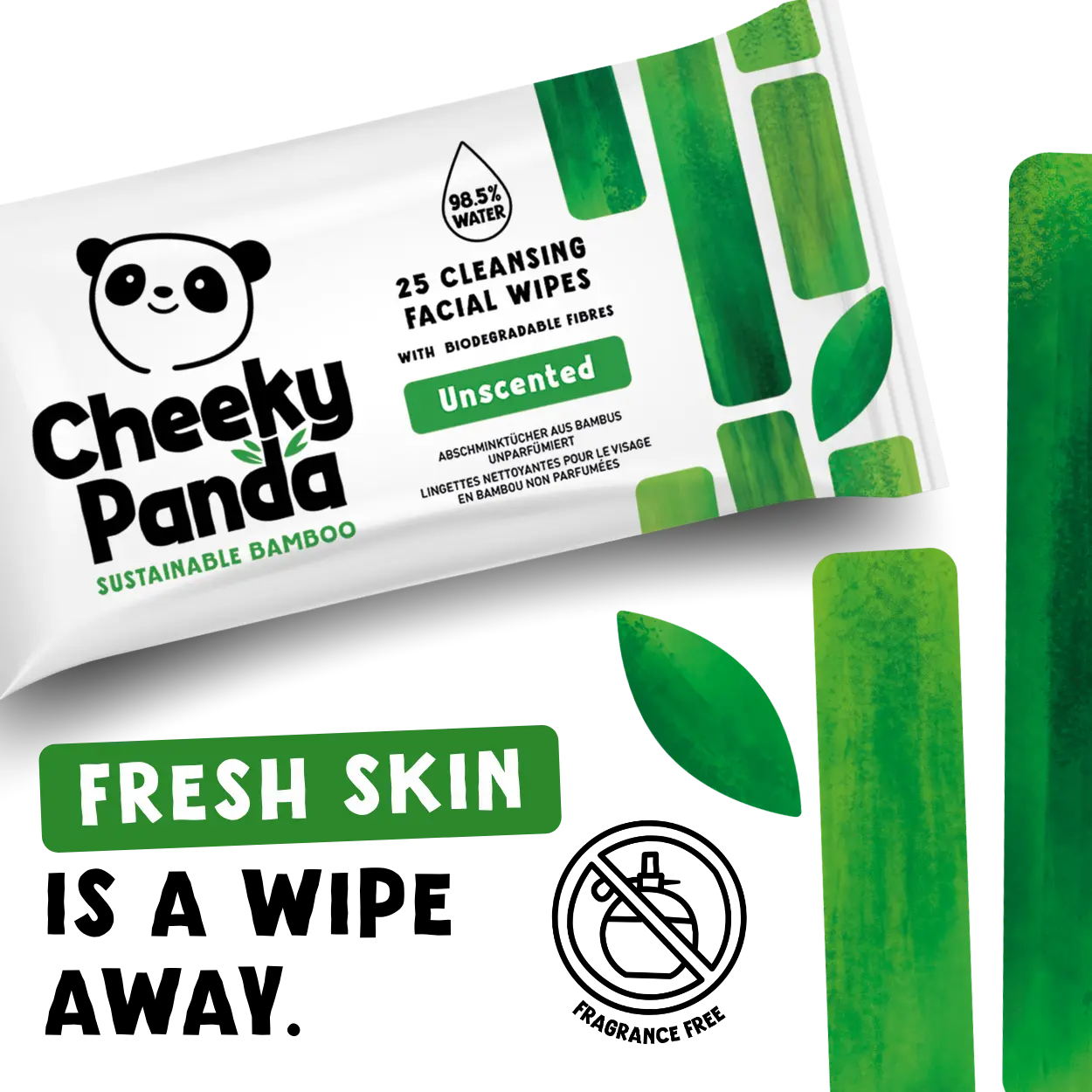 Cheeky Panda sustainable bamboo cleansing facial wipes packaging on a white background