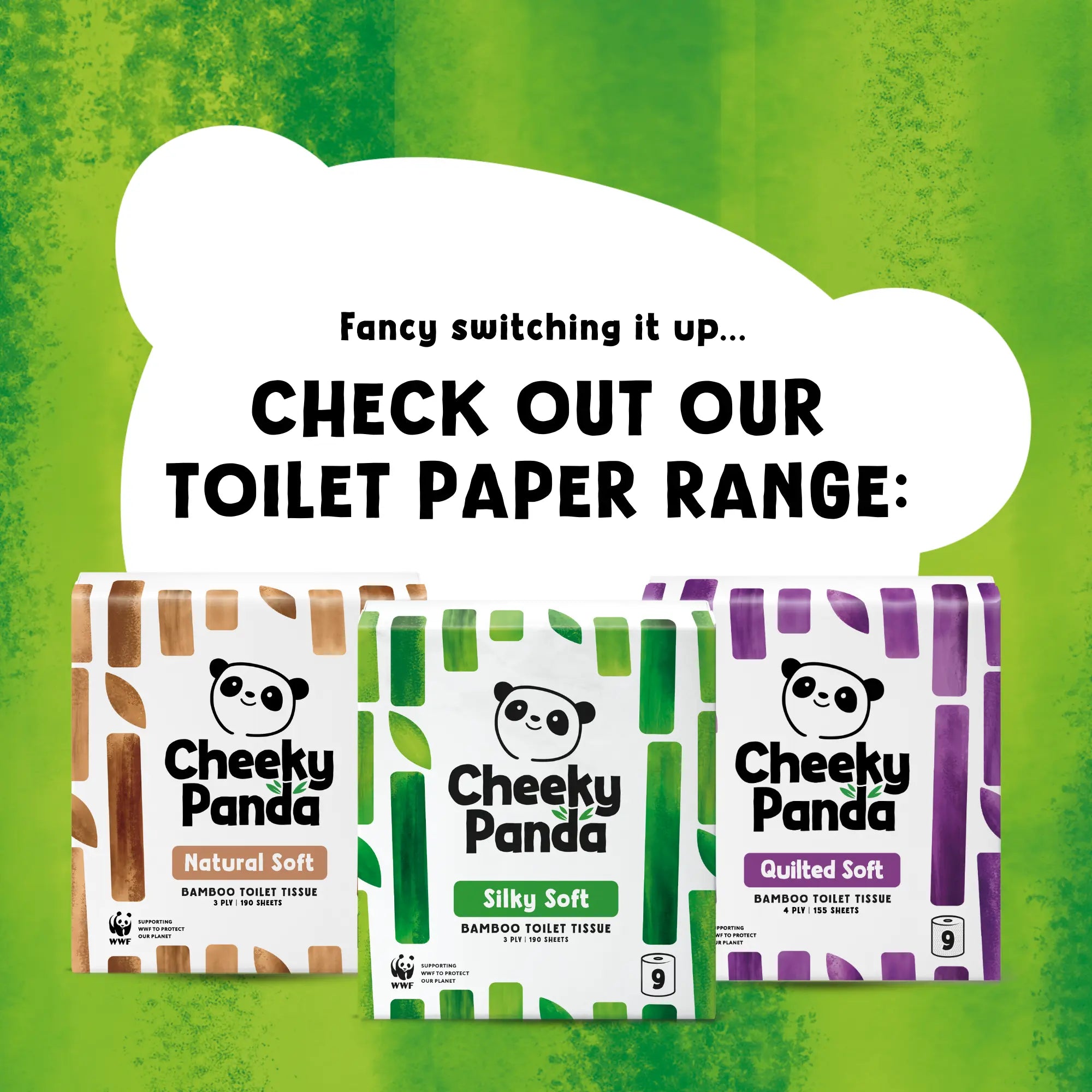 Three packs of Cheeky Panda toilet tissue: Natural Soft, Silky Soft, and Quilted Soft.