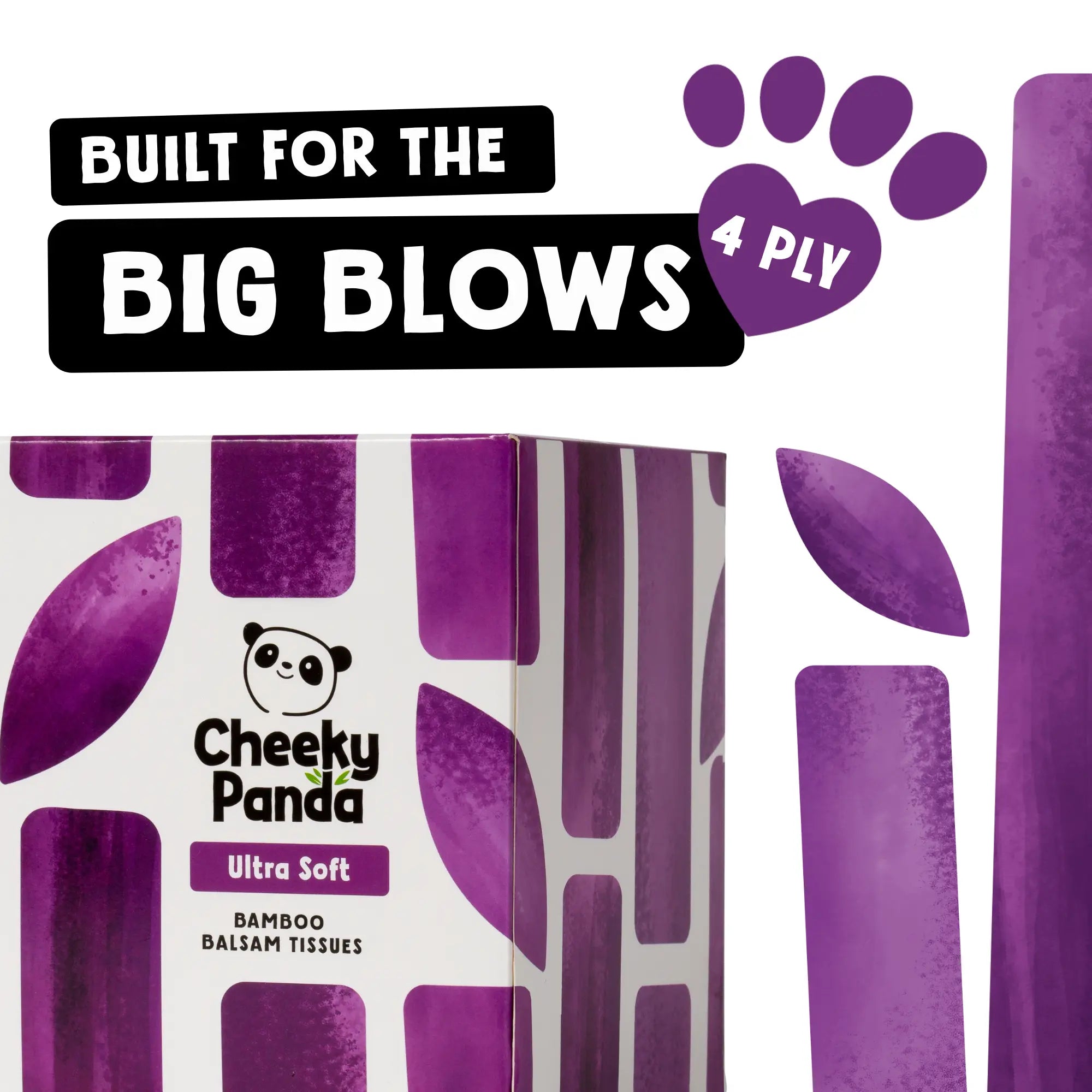 Close-up of a Cheeky Panda Ultra Soft Bamboo Balm Tissues box with text 'Built for the big blows'.