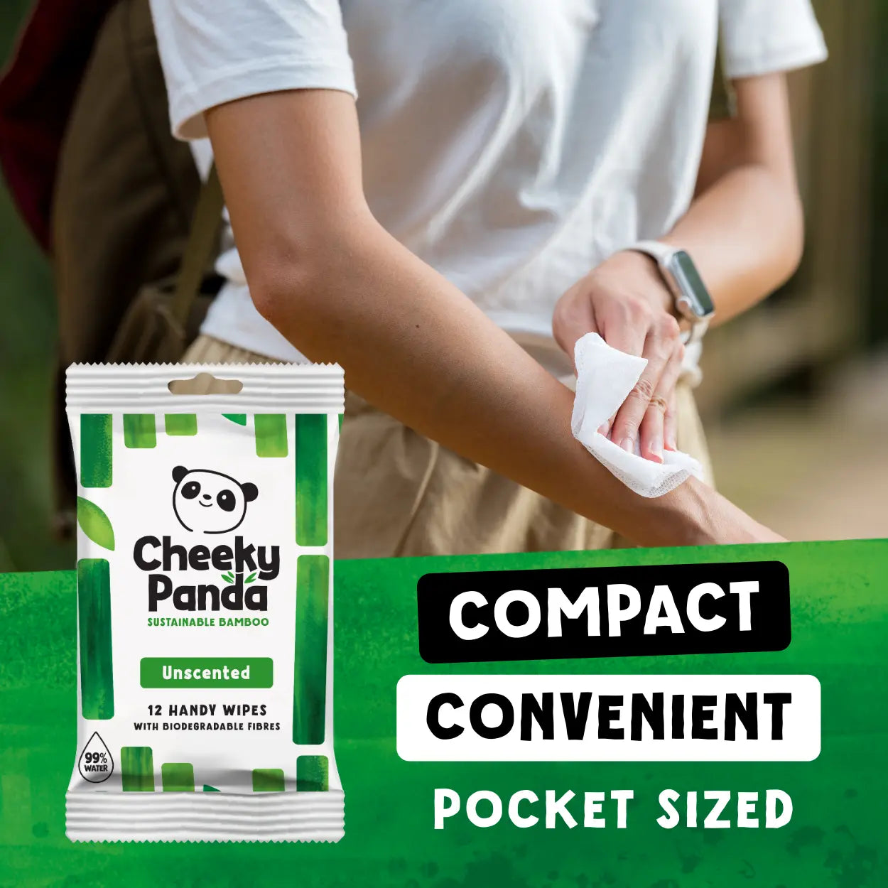 Person using Cheeky Panda bamboo wipes with product packaging and text highlighting features.