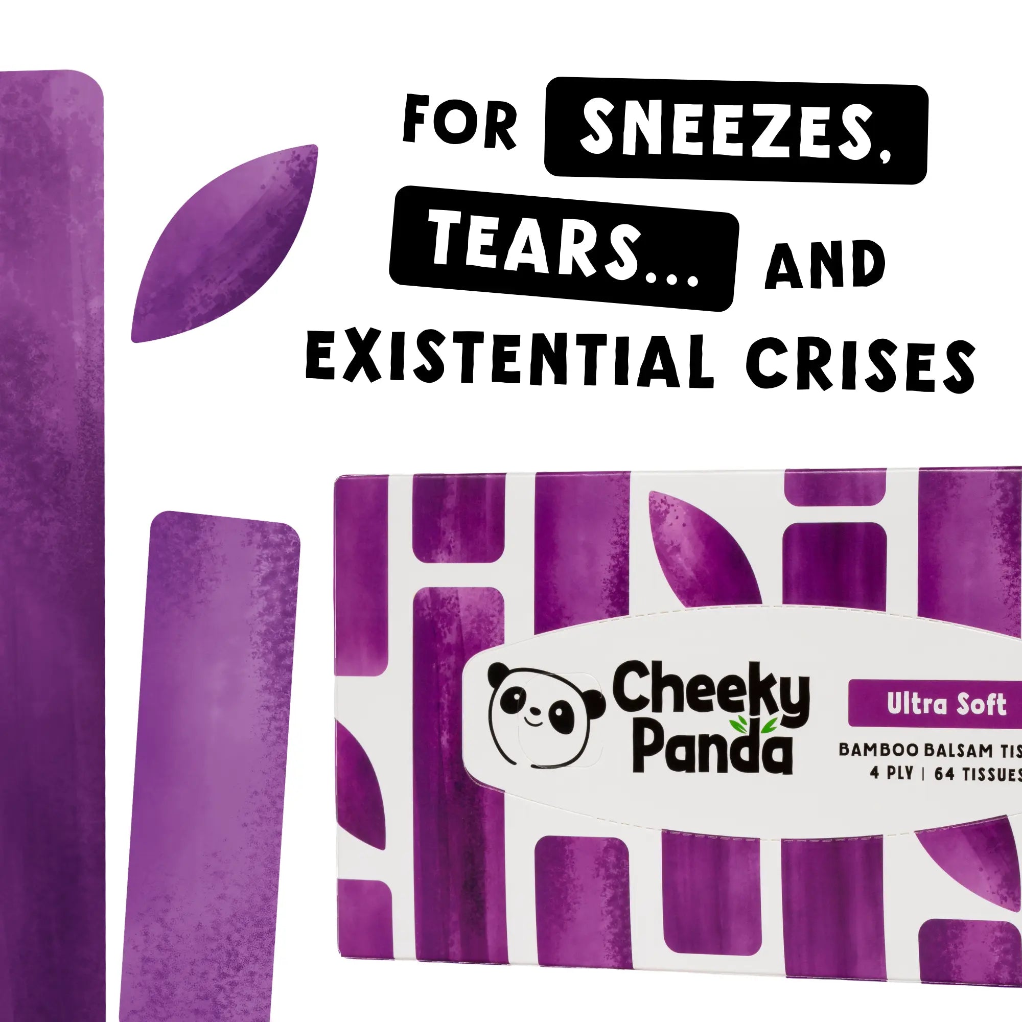 A box of Cheeky Panda Ultra Soft tissues with text 'For sneezes, tears... and existential crises'.