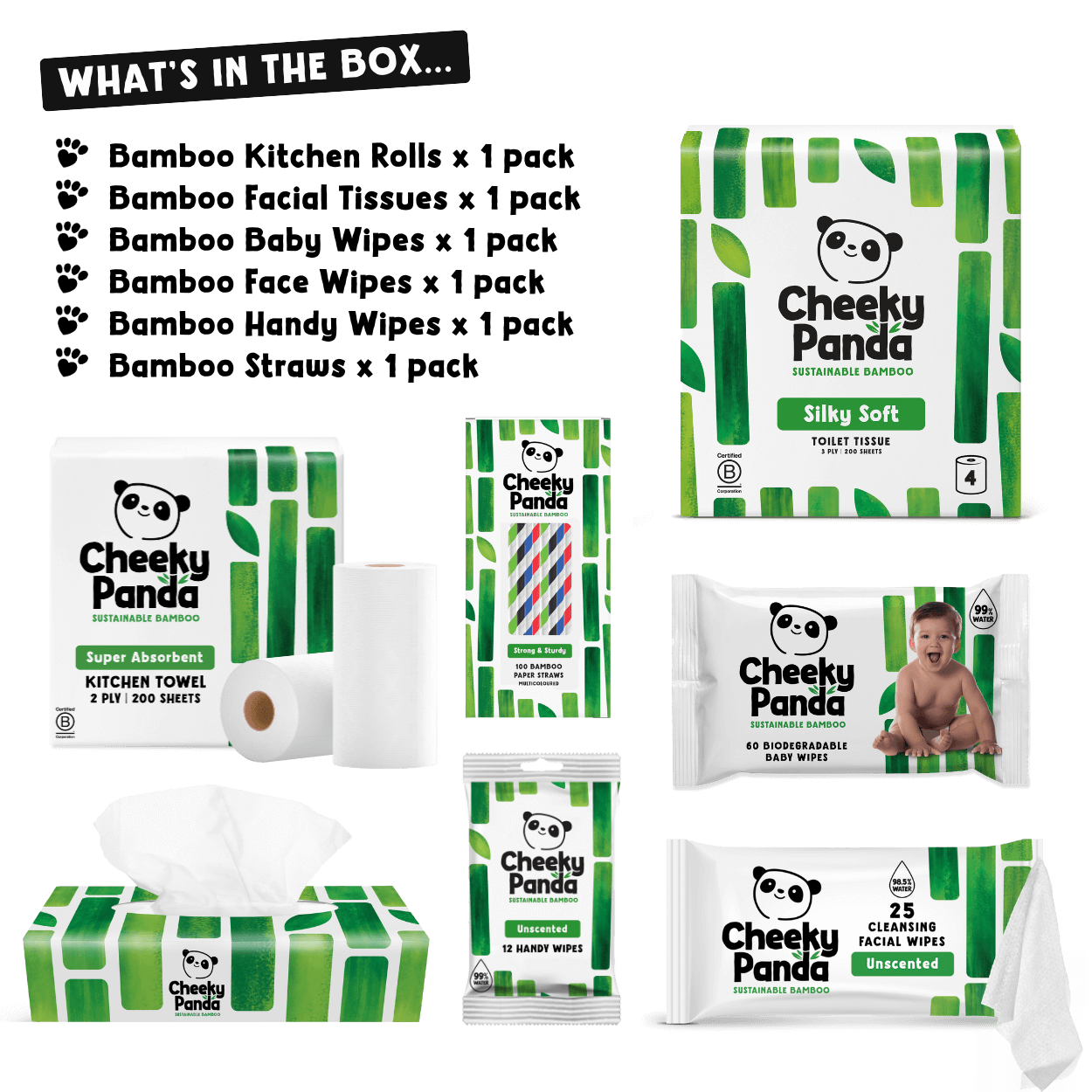 Collection of Cheeky Panda products including toilet tissue, kitchen towels, and baby wipes on a black background.