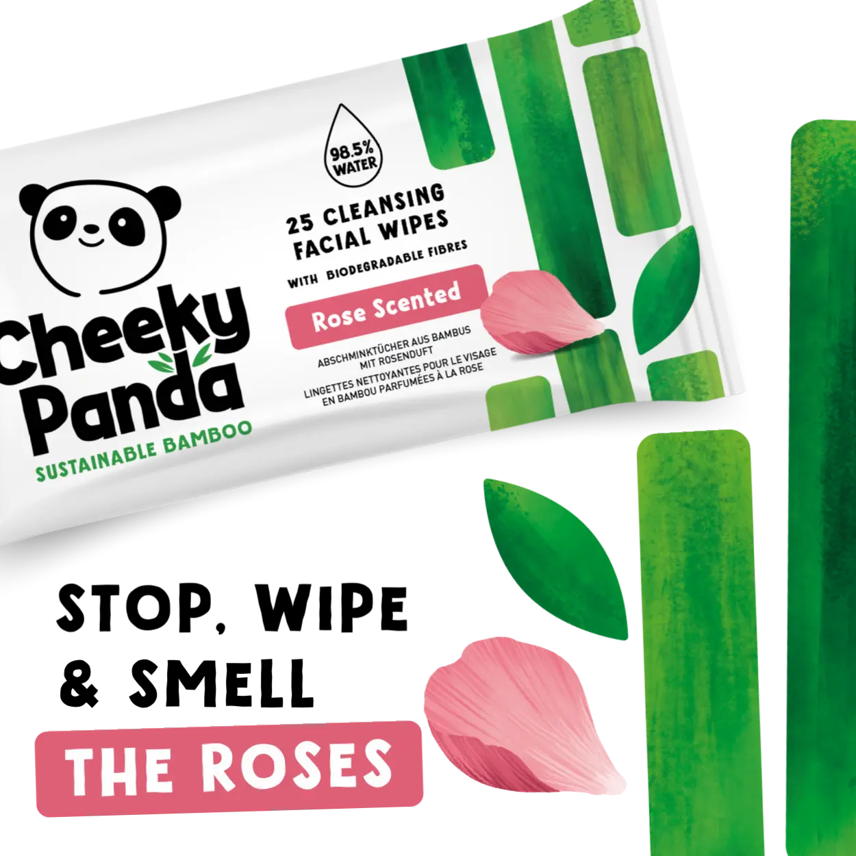 Cheeky Panda rose-scented facial wipes packaging with green leaves and rose petals on a white background