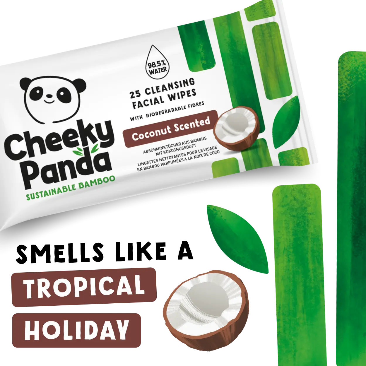 Cheeky Panda coconut-scented cleansing facial wipes packaging with text 'Smells like a tropical holiday'.