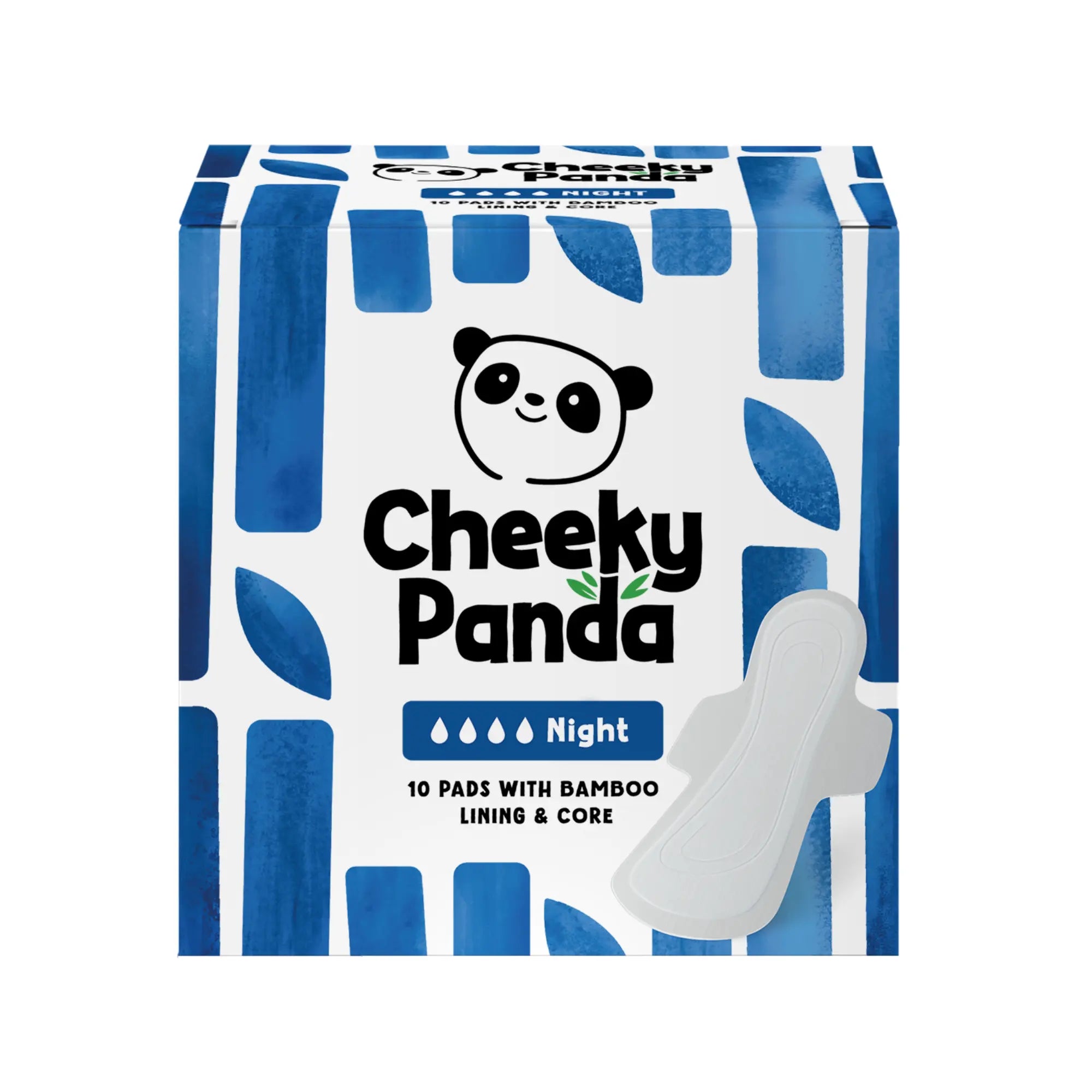 A box of Cheeky Panda night flow bamboo period pads with a pad shown outside the box.