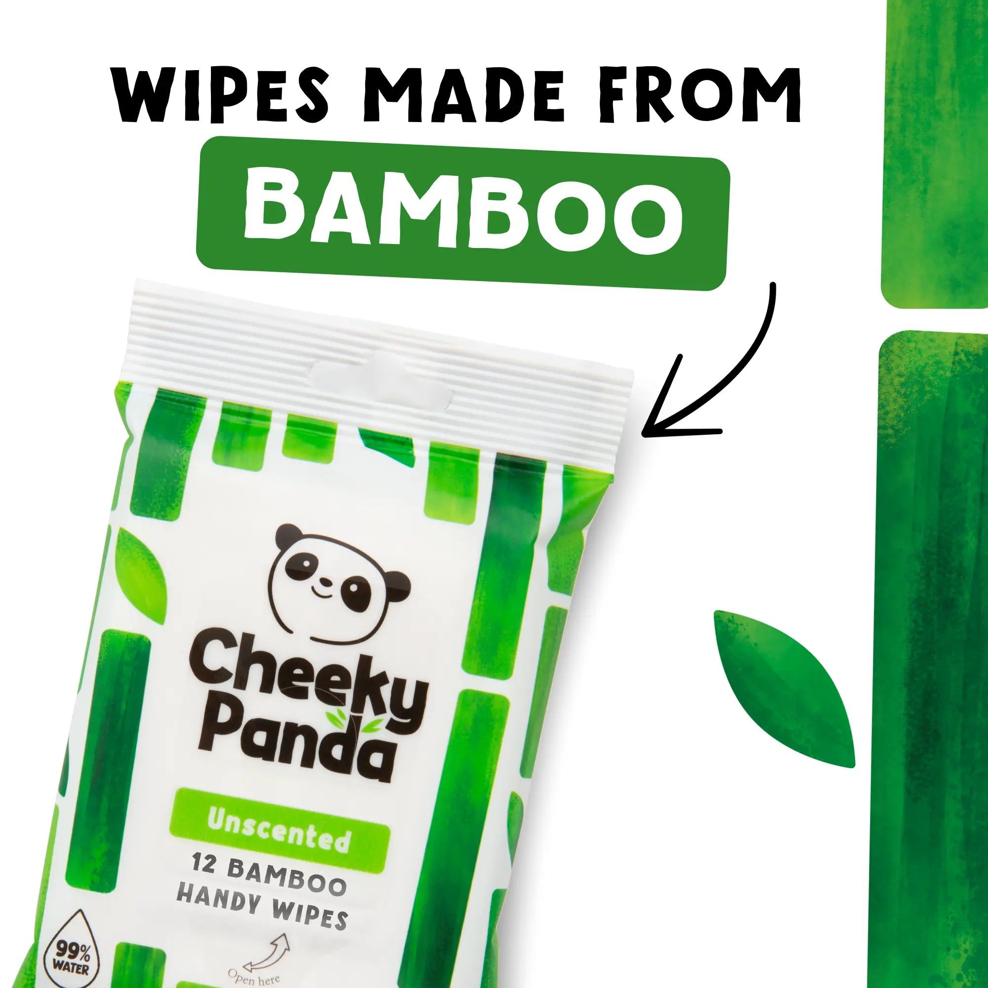 Cheeky Panda Unscented 12 Handy Wipes pack with text 'Wipes made from bamboo'.