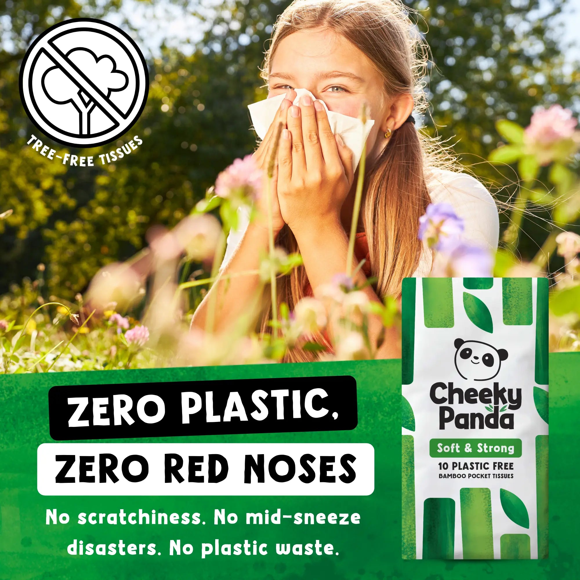 A girl blowing her nose with a tissue in a field, with text 'ZERO PLASTIC, ZERO RED NOSES' and 'TREE-FREE TISSUES'.