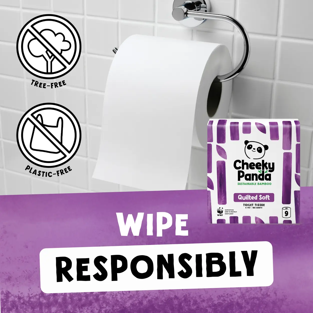 Roll of Cheeky Panda quilted toilet paper on a holder against a tiled bathroom wall.