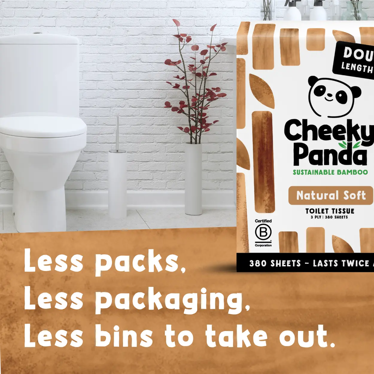Cheeky Panda toilet paper packaging with a bathroom setting in the background