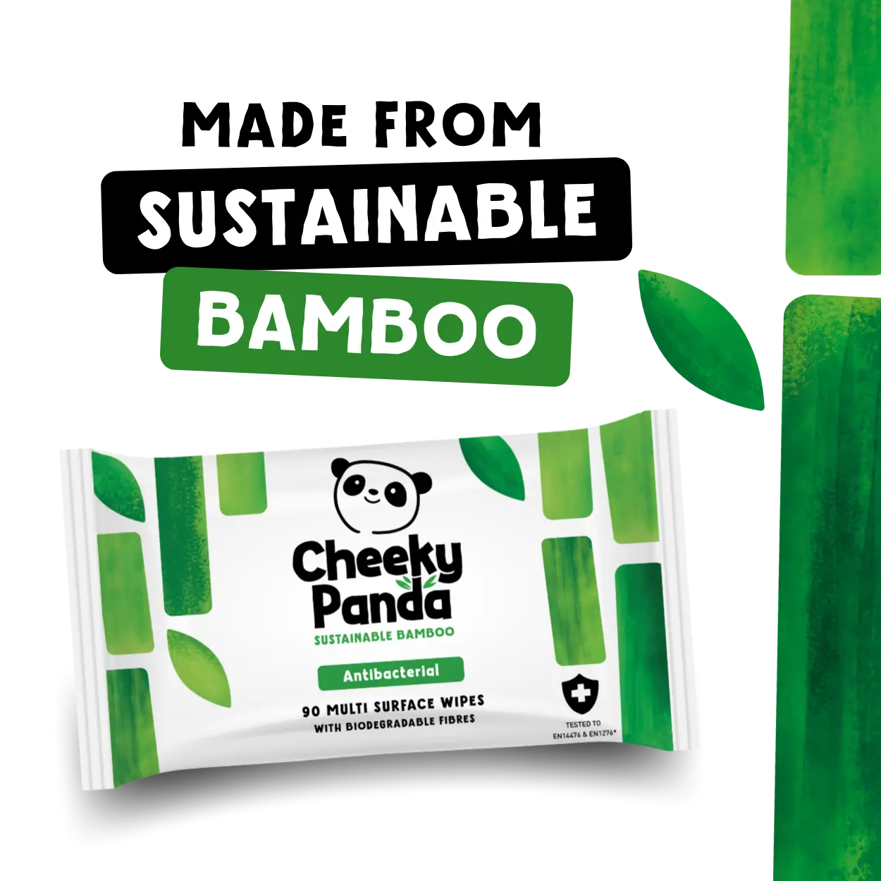 Cheeky Panda sustainable bamboo antibacterial wipes packaging with green leaves on a white background