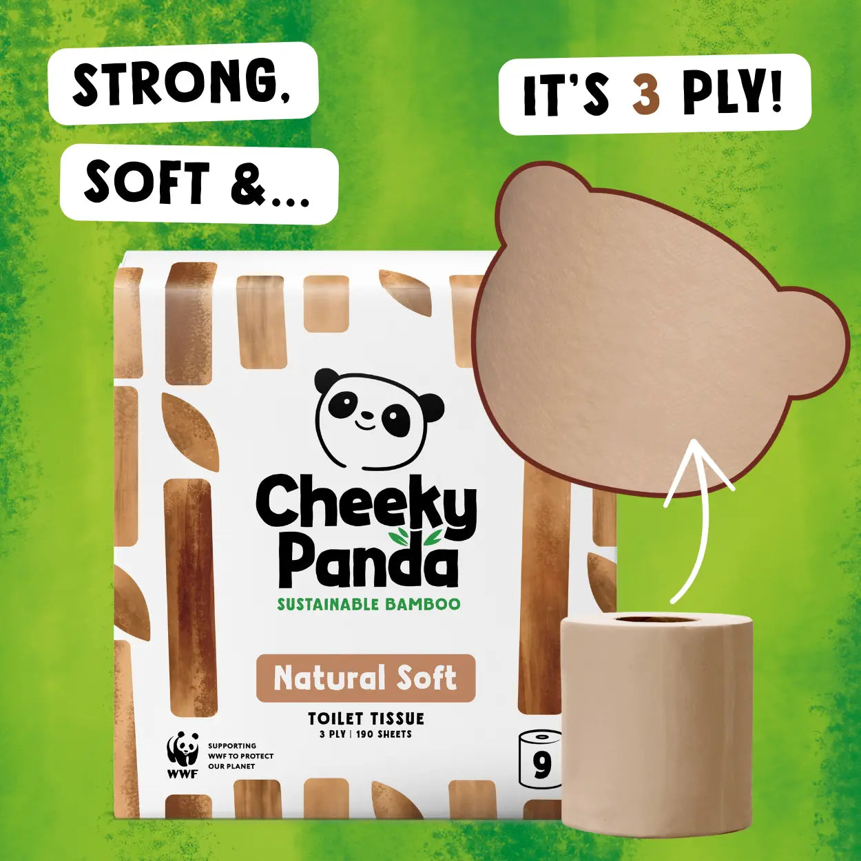 Cheeky Panda unbleached toilet paper packaging on a green background