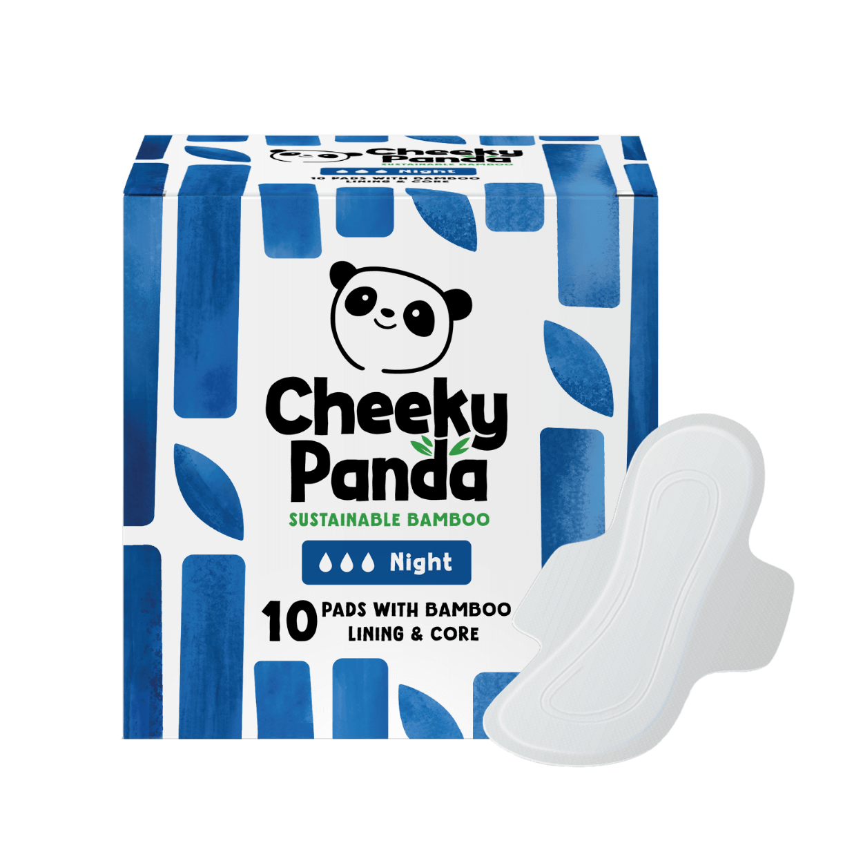 Cheeky Panda sustainable bamboo night pads packaging with a white pad displayed.