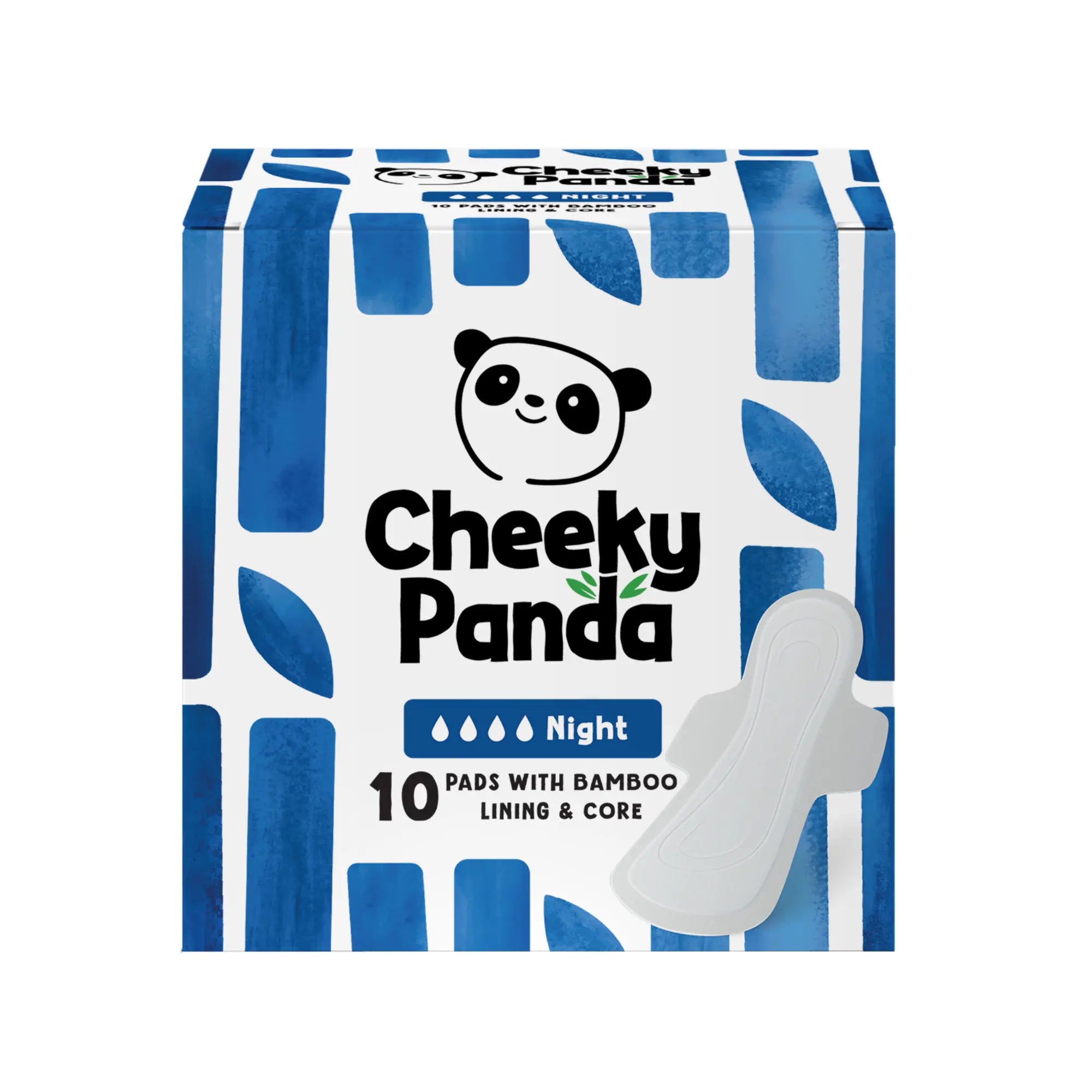 A box of Cheeky Panda night flow bamboo period pads with a pad shown outside the box.