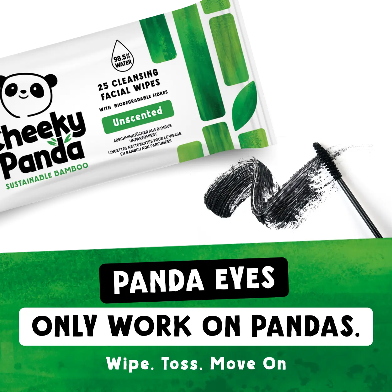 Cheeky Panda cleansing facial wipes with a mascara wand and humorous text on a white background