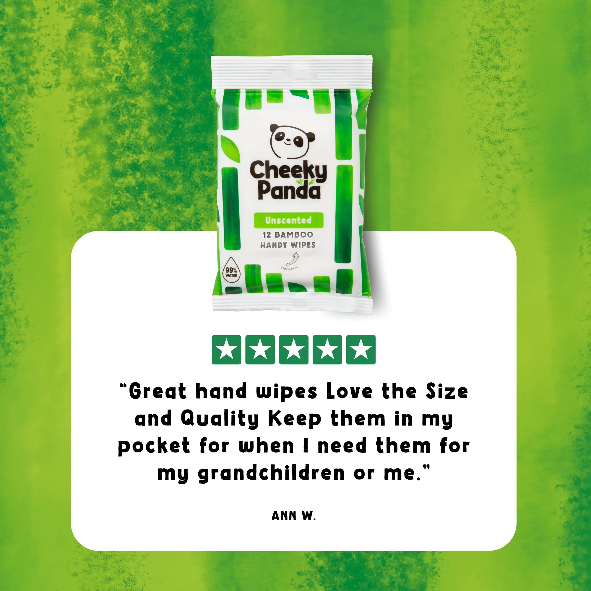 Cheeky Panda Unscented 12 Handy Wipes pack with a five-star review from Ann W.