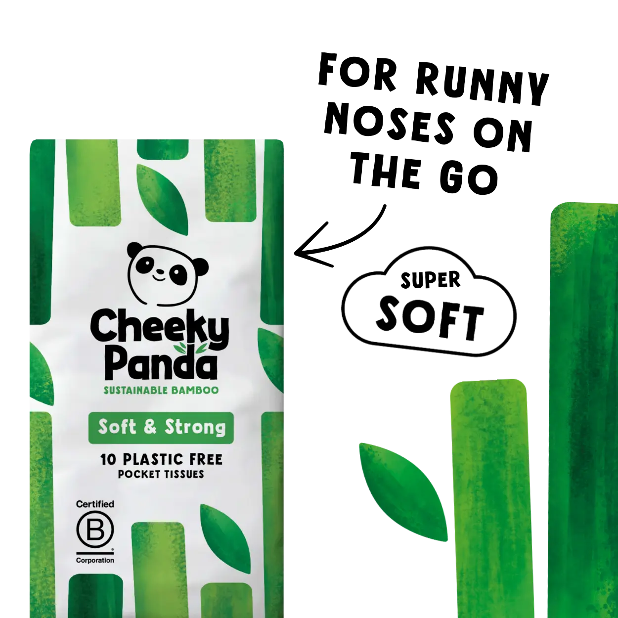 Cheeky Panda tissue packaging with green design and text about runny noses and softness.