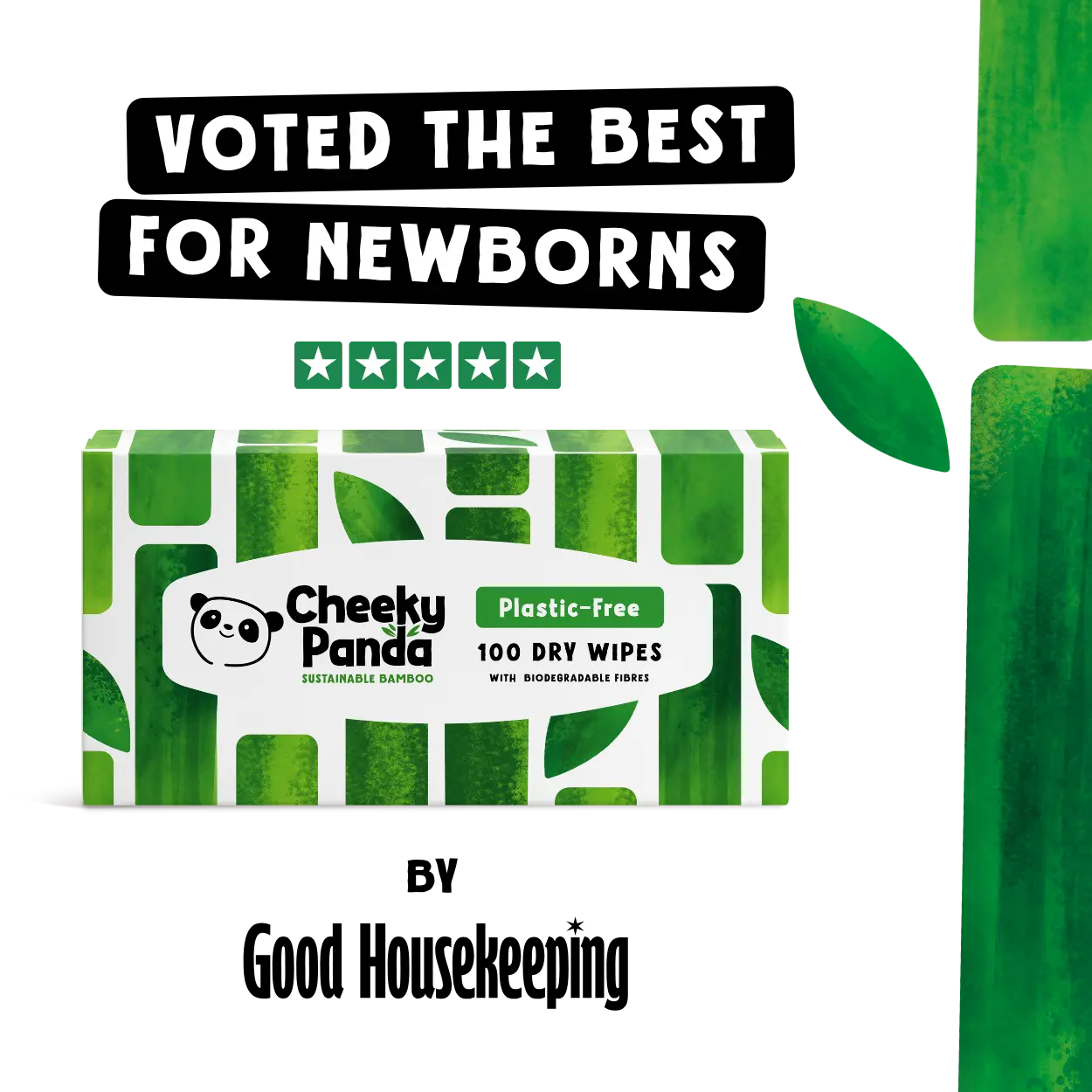 Cheeky Panda plastic-free dry wipes packaging with Good Housekeeping endorsement on a white background