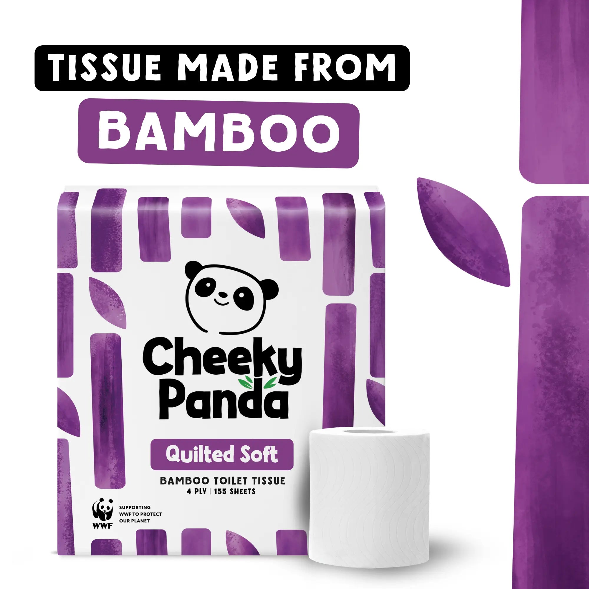 Cheeky Panda Quilted Soft toilet tissue pack and roll with 'Tissue Made From Bamboo' text.